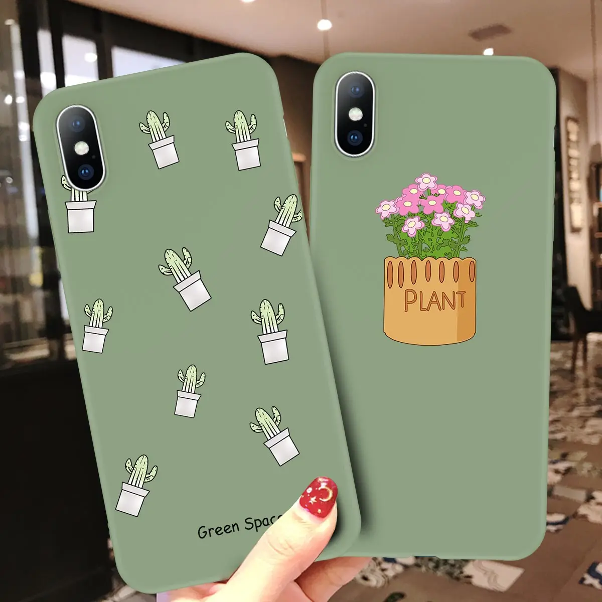 

Moskado Cute Green Cactus Couple Case For iPhone X XS XS Max XR 6 6S 7 8 Plus Potted Plant Soft TPU Phone Cover