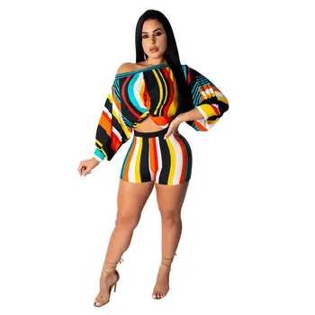 

Colorful Long Sleeve Women 2 Pcs Set 2019 Geometric Puff Sleeve Female Tops and Shorts Hot Sale 2019 Sexy Women Tracksuit