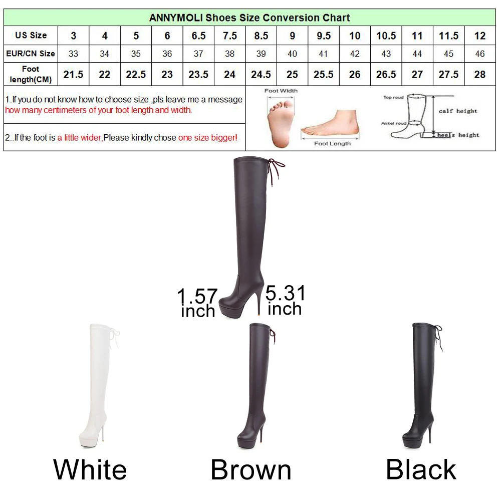 ANNYMOLI/женская зимняя обувь; сапоги на платформе и высоком каблуке; пикантные сапоги до бедра; осенние сапоги выше колена на шнуровке; белые сапоги на молнии; Размеры 33-43