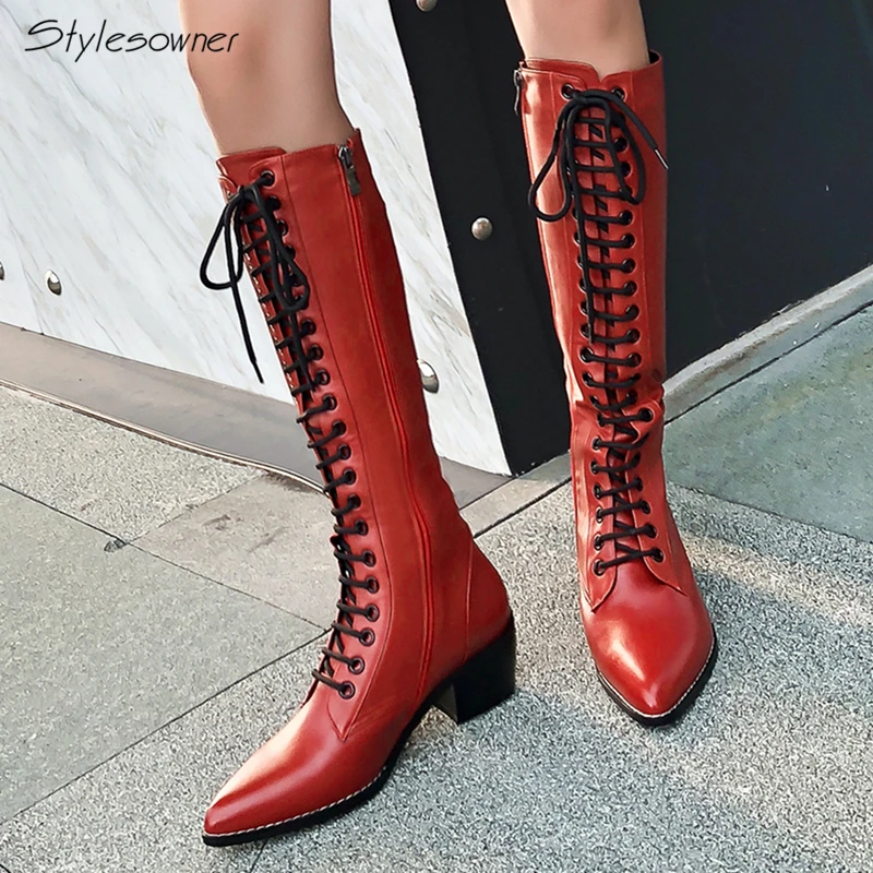 

Stylesowner Women Knight Black Boots Cross Tied Pointed Toe Knee High Boots For Women Chunky Heel Zipper Winter Fashion Botas