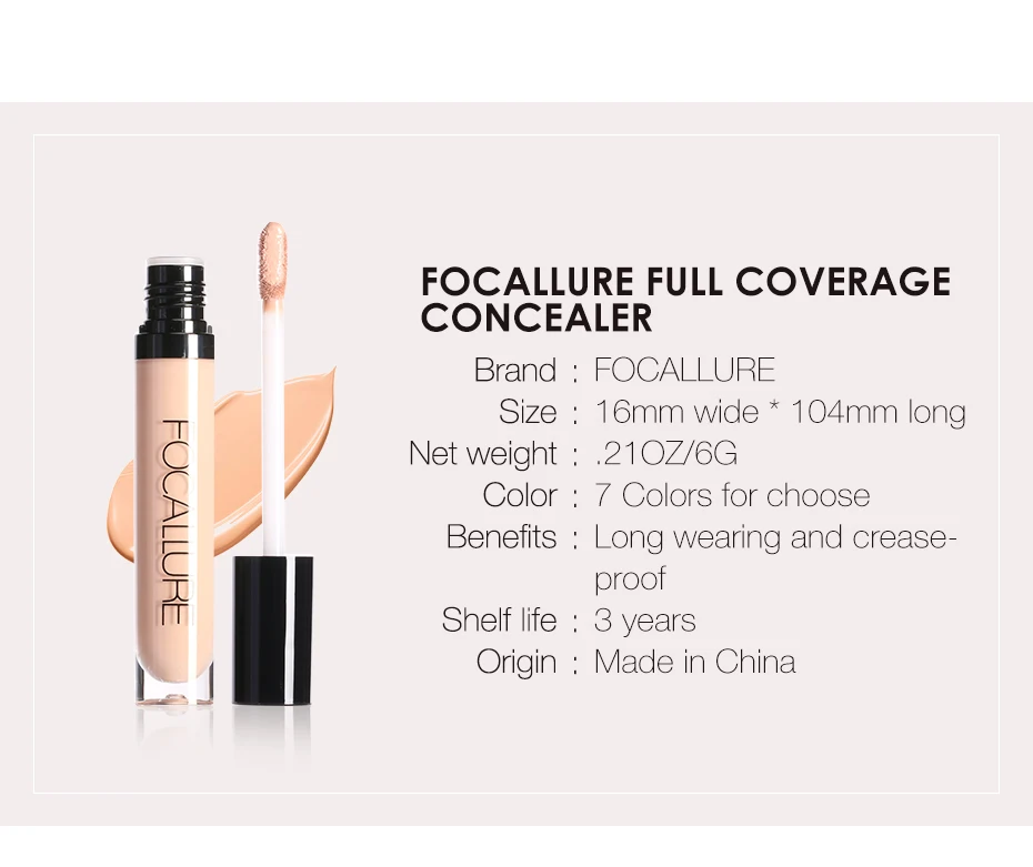 FOCALLURE Makeup Liquid Face Concealer 7 Colors Full Coverage Cream Waterproof Professional High Quality Base Women Cosmetic