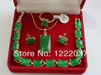 

wholesale Beautiful Natural green stone Pendant Bracelet Earring Ring Jewellery set +(box)