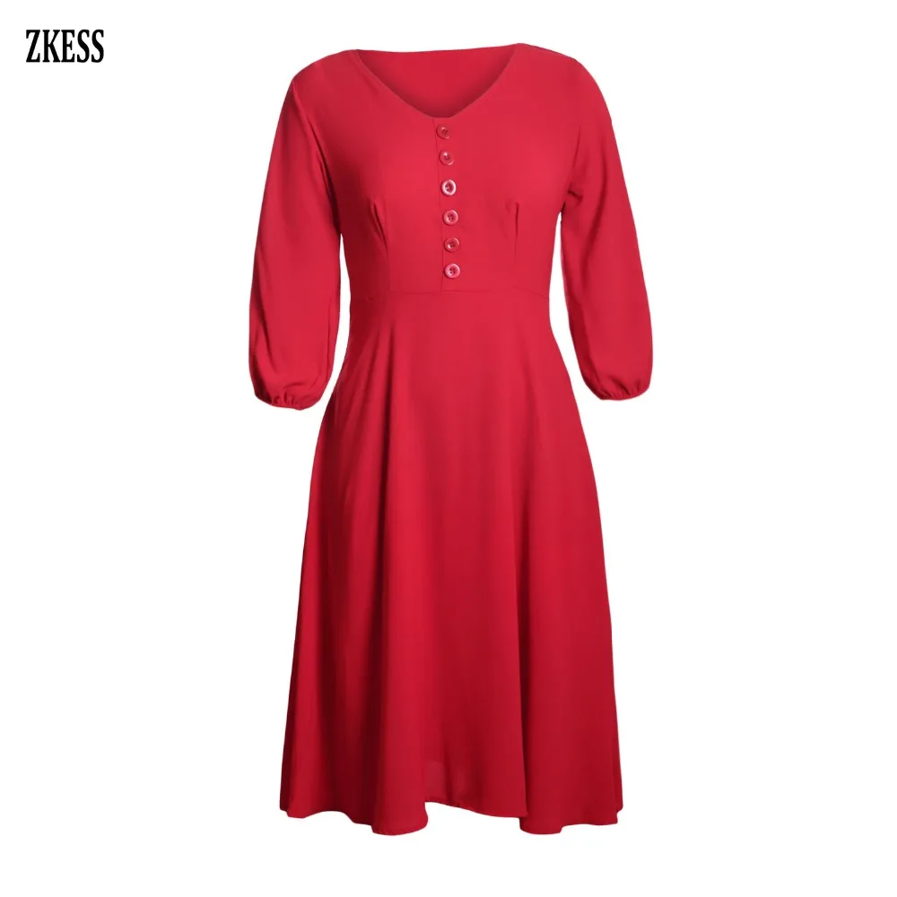 Red-Button-Front-Balloon-Sleeve-Vintage-Dress-LC610282-3-3