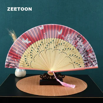 

Japanese Style Bamboo Silk Folding Hand Fan Cherry Kimono Female Cossplay Tassel Dance Paper Fan Vintage Creative Home Decor