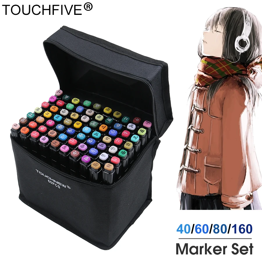 Marcador Touchfive 30/40/60/80/168 Cores da Caneta Pincel Caneta de Tinta à Base de Álcool Oleosa Arte Marcadores Esboço Marcador para Manga Dupla com a Cabeça Descoberta Mod. 23396