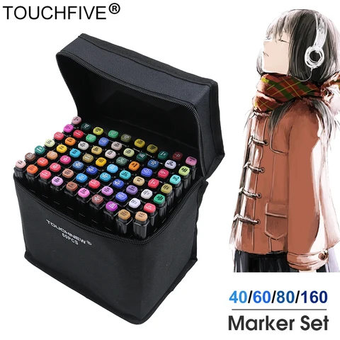Marcador Touchfive 30/40/60/80/168 Cores da Caneta Pincel Caneta de Tinta à Base de Álcool Oleosa Arte Marcadores Esboço Marcador para Manga Dupla com a Cabeça Descoberta Mod. 23396