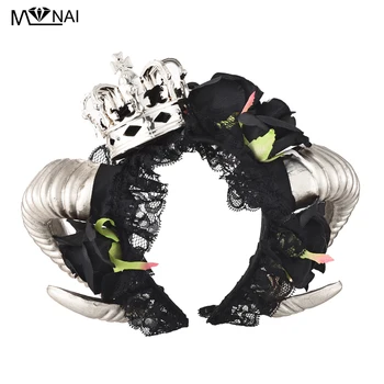 

Gothic Handmade Demon Horns Headband Adult Unisex Black Rose Crown Veil Headpieces Fancy Dress Costume Accessory