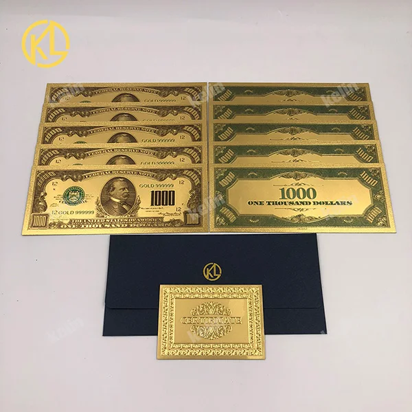 10 шт./лот США 100 долларов Золотая фольга Platsic счетчик банкнот поддельные деньги Соединенные Штаты Америки с сертификатом и конверт - Цвет: USD1000