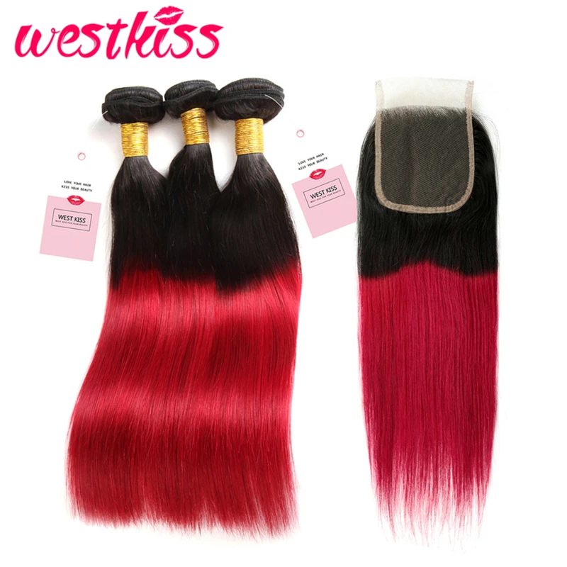 West Kiss Ombre Hair Bundles With Closure 1B/Red Straight Brazilian