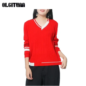 

New Autumn/Winter Women Retro Vintage Striped Long Sleeve Knit Sweater 2020 V-neck Casual Fashion Pullover Multi-color Female