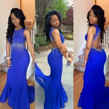 

Royal Blue Prom Dresses 2020 Glitter Party Gala Gowns With Beads Mermaid Evening Dress Fitted Long Open Back Long Prom Gown
