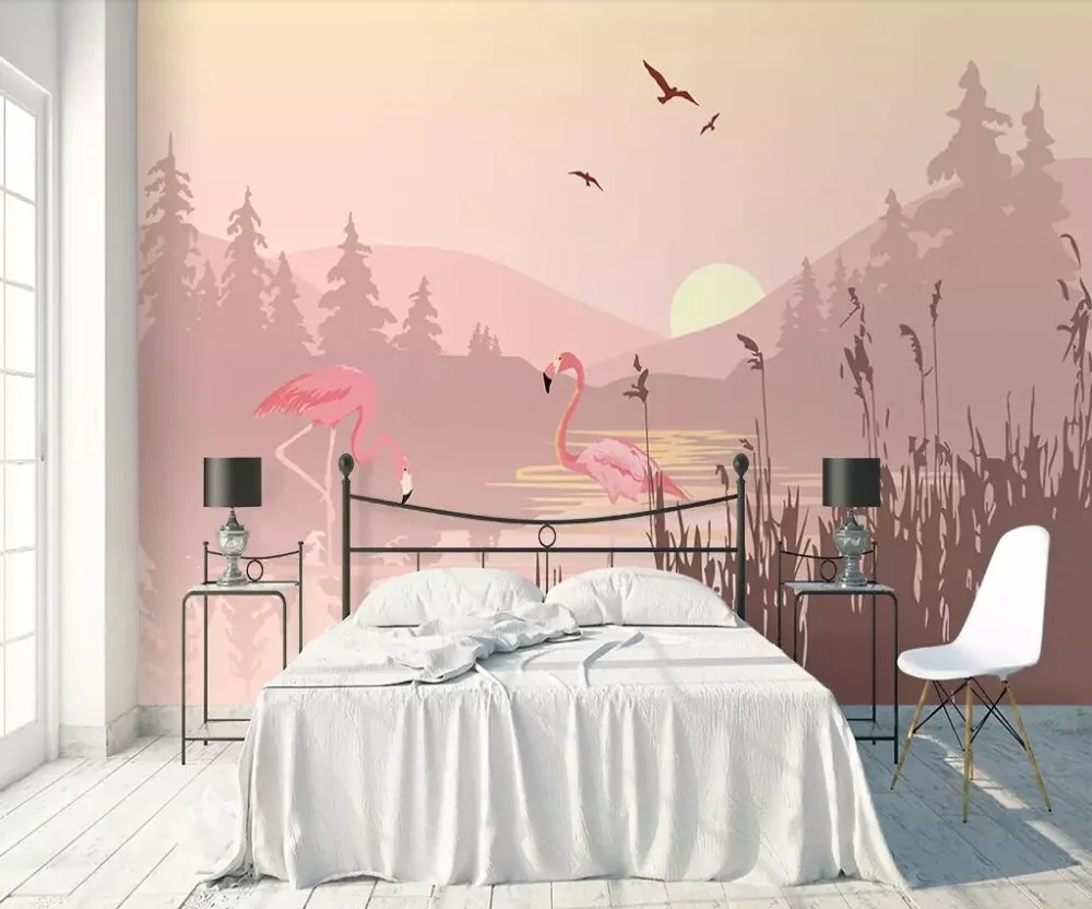 Beibehang простой розовый пейзаж Фламинго Обои фреска Крытая гостиная спальня ТВ фон украшение стены 3d обои