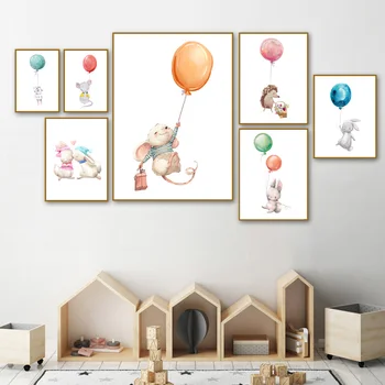 

Rabbit Mouse Hedgehog Balloon Animals Nordic Posters And Prints Wall Art Canvas Painting Nursery Wall Pictures Kids Room Decor