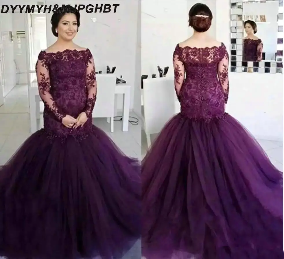 urple Evening Gowns Mermaid Off Shoulder Long Sleeve Sweep Train Prom Dresses With Lace Beads Tulle Formal Party Gowns HY4182
