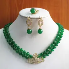 Жемчужные Ювелирные наборы чокер макси для женщин Подвески кварцевый камень драгоценный камень Настоящее 2 ряда 7-8 мм с зелёными камнями ожерелье серьги, кольцо, ювелирные изделия набор