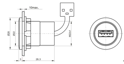 22 мм Монтажный диаметр металлический USB2.0 Женский на обоих концах для подключения внешних устройств с светильник