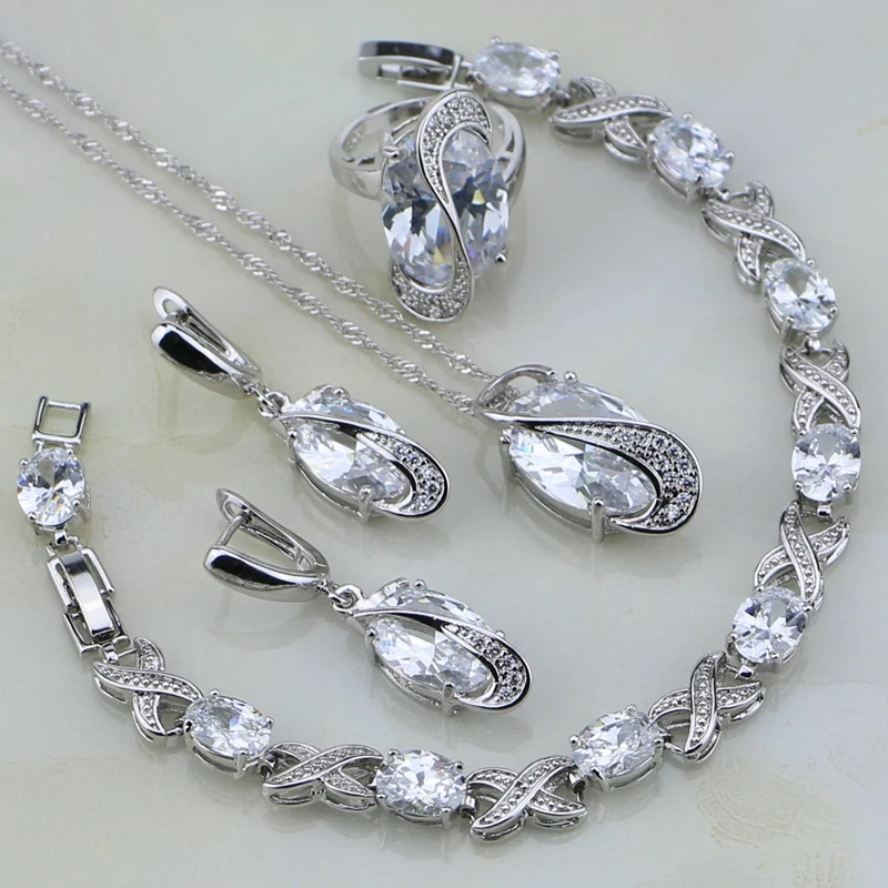 Classic White Mystic Rhinestone Sterling Silver Jewelry Sets For Women Wedding Bracelets Necklace Pendant Earrings Ring