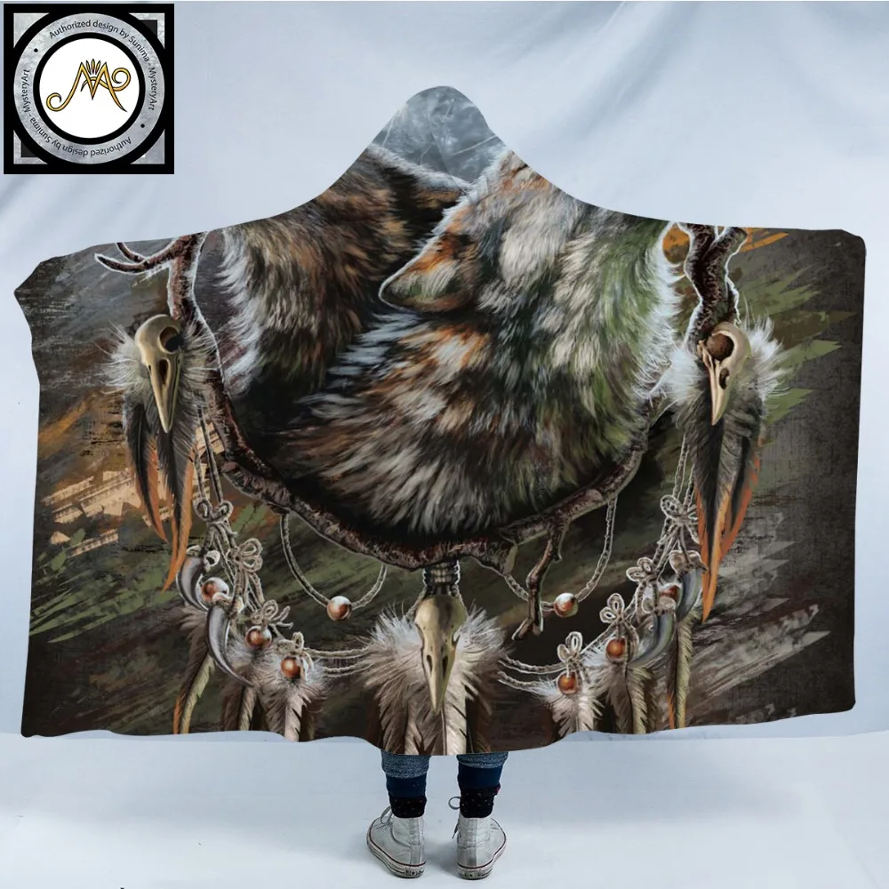 

A Song for the Moons Reflection by SunimaArt Hooded Blanket Howling Wolves Sherpa Wearable Blanket Dreamcatcher Throws 150x200cm