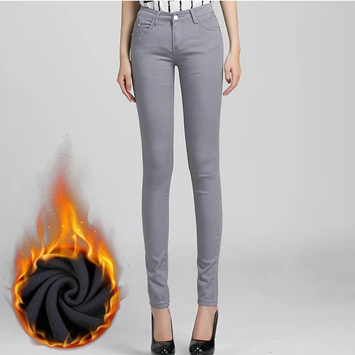 GAREMAY, теплые зимние женские брюки, яркие бархатные брюки, брюки-карандаш,, тянущиеся зимние плотные штаны для женщин, облегающие джинсовые штаны - Цвет: Gray