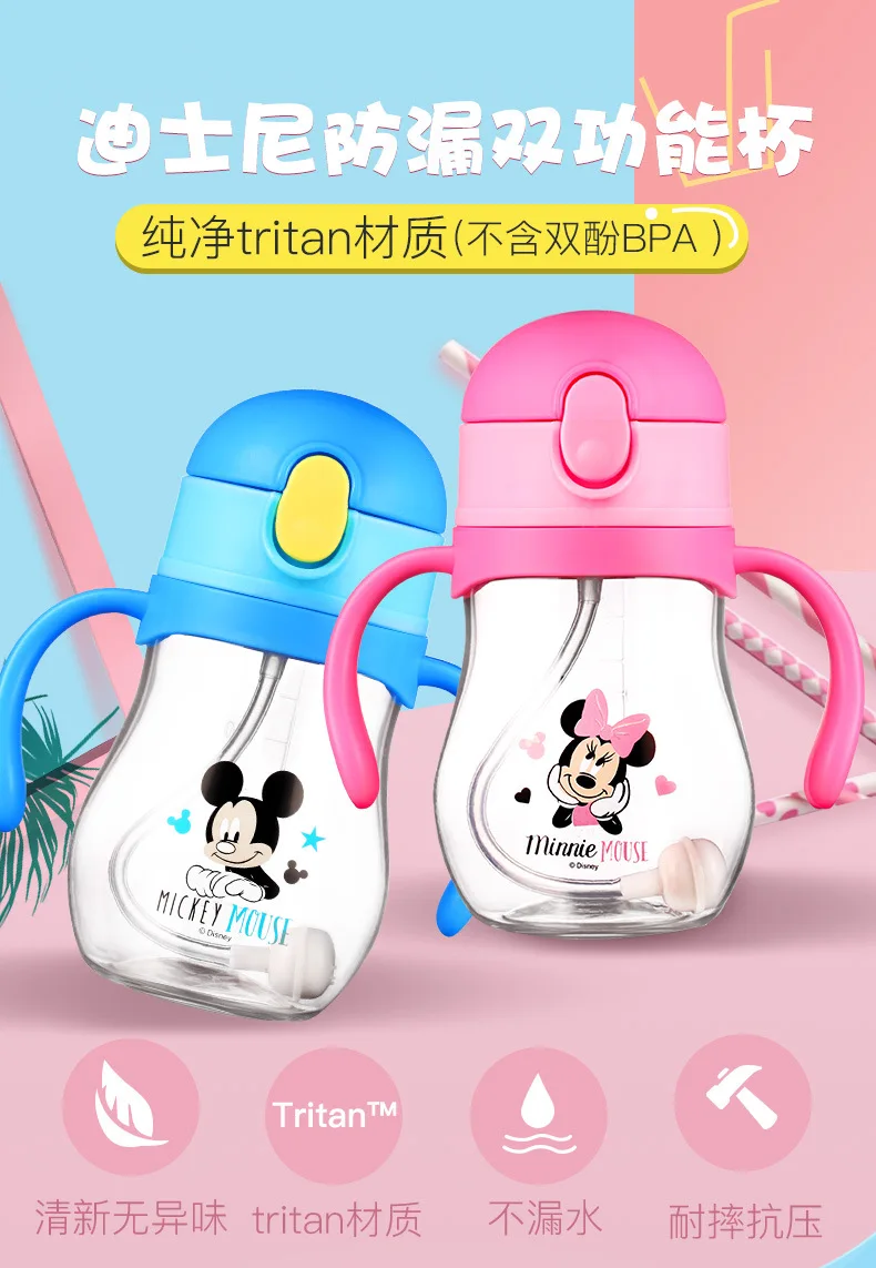 Copo de Alimentação do Bebê com Palha Aprendem a Alimentação Bebendo com Alça Disney Bonito Minnie Mickey Crianças Garrafa Treinamento Copo 360ml 12 Mamãe e Bebê