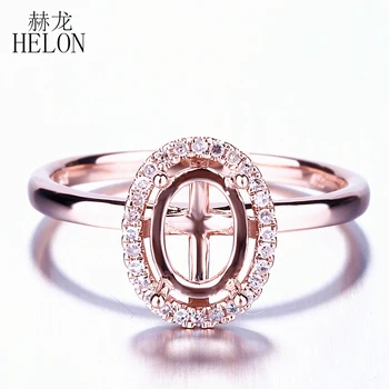 

HELON Real Diamonds Halo 8x6mm Oval Cut Semi Mount Ring Setting Solid 14K Rose Gold Engagement Wedding Women's Fine Ring