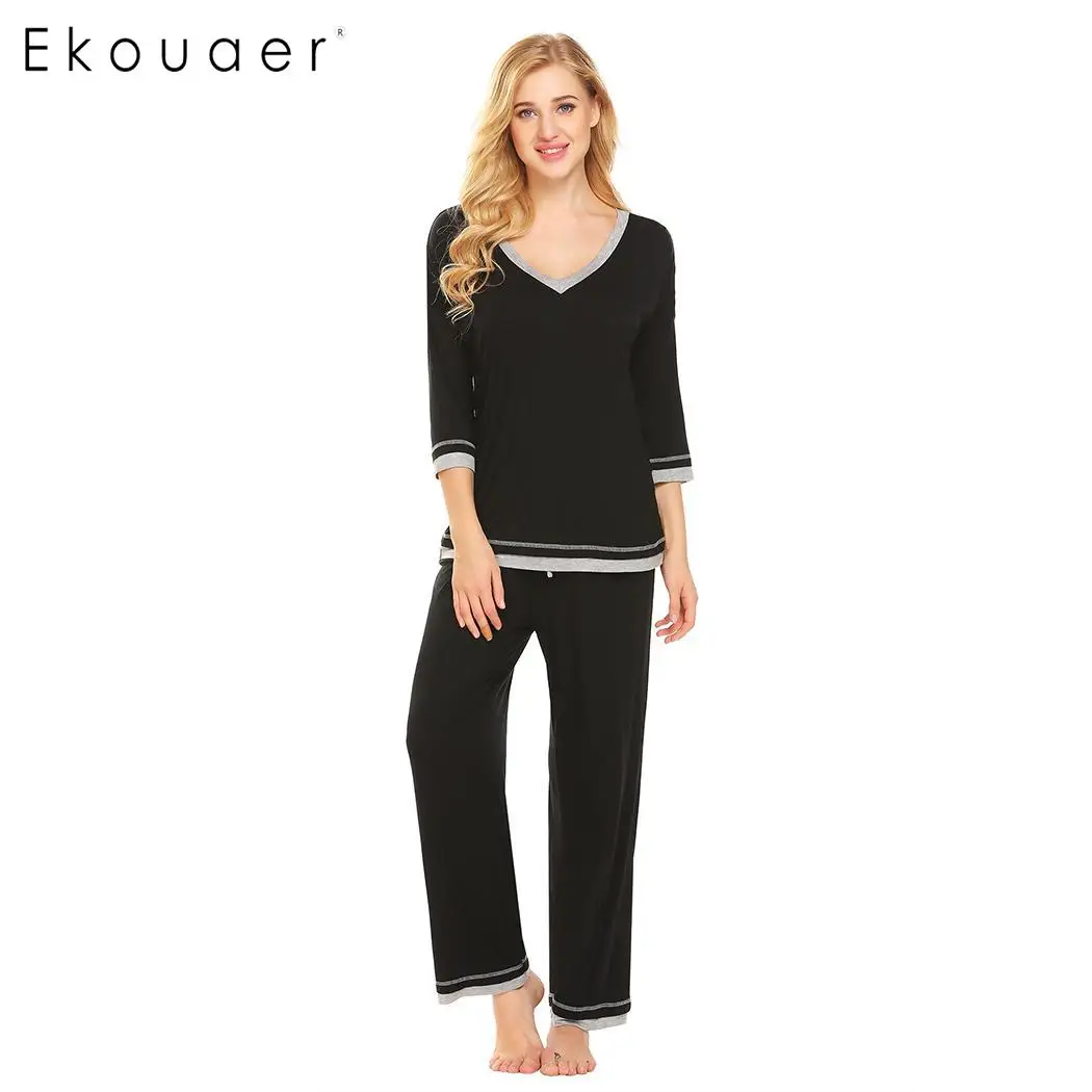 Ekouaer Pajama Set Women Soft V Neck 3/4 Sleeve Patchwork Loose T Shirt ...