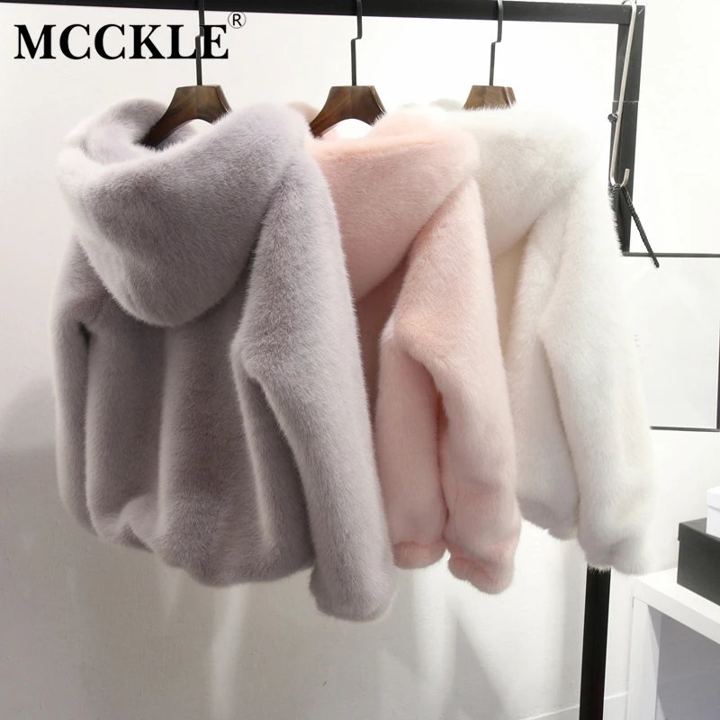 MCCKLE Women Faux Mink Hooded Coat Autumn Winter Long Sleeve Solid Fur Jacket Women Zipper Warm Faux Fur Outwear Dropshipping