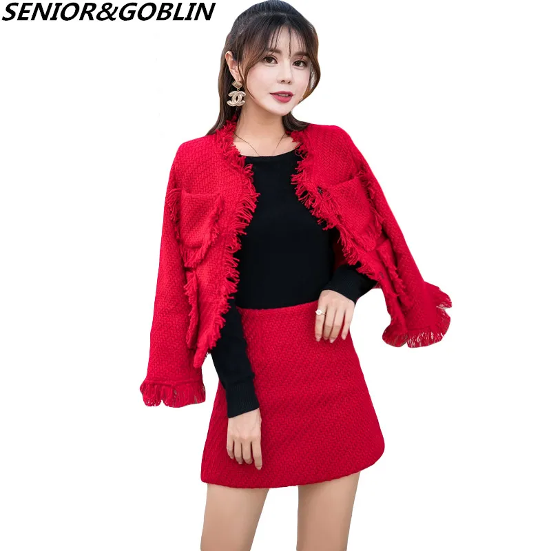 

New 2019 High Quality Autumn Winter Red Tweed Long Sleeve Mini Skirt Suits Women Runway Tassel Pocket Jacket Coat Two Piece Set