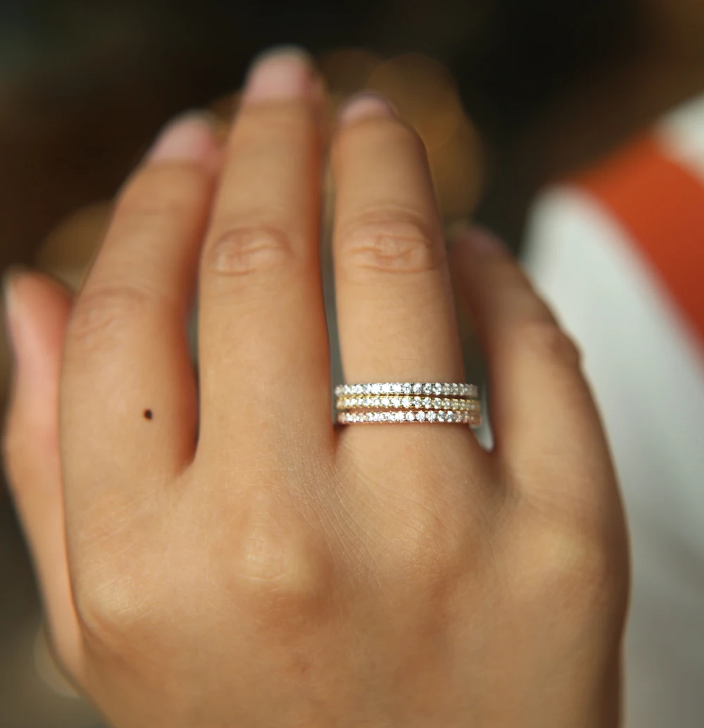 Sterling Silver 925 thin line micro pave cz eternity 3 colors stack 925 silver cz ring - Image 2