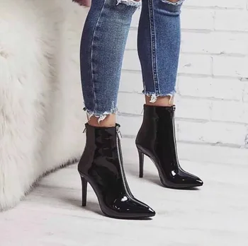 

11.5CM High Heel Ladies Booties Zipper Patent Leather 40 Yards New Modern Sense Zipper Patent Leather Stiletto Ankle Boots