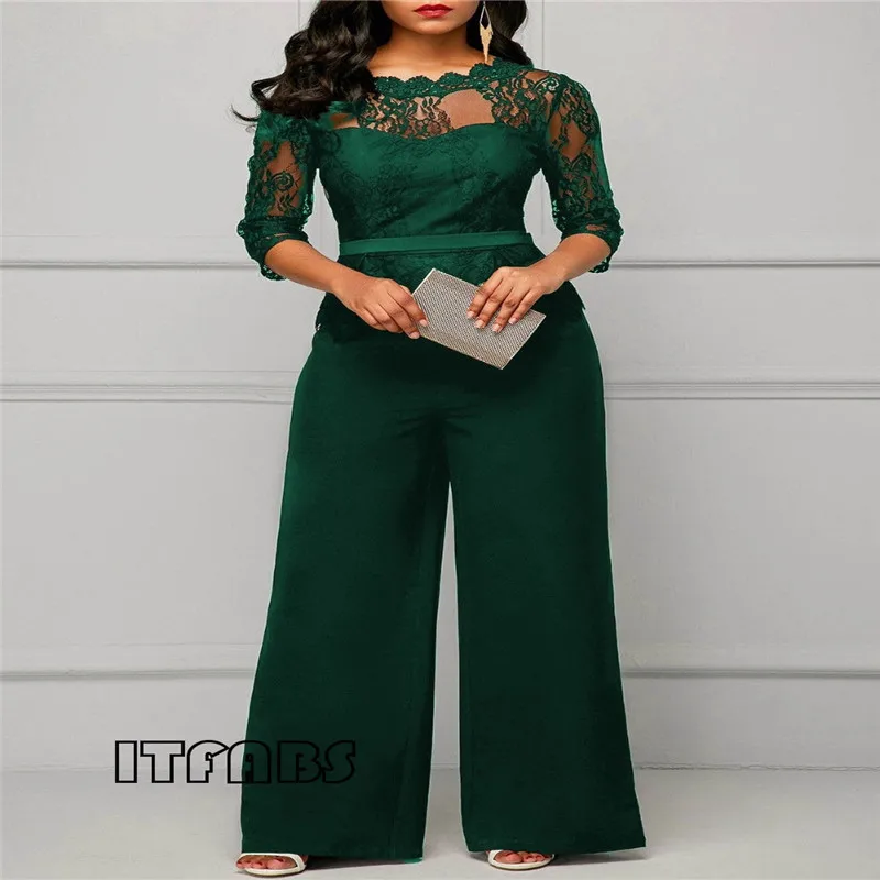 

New Trendy Women clothes Bodycon round neck lace Geometry Jumpsuit three quarters sleeve Polyester Romper one pieces