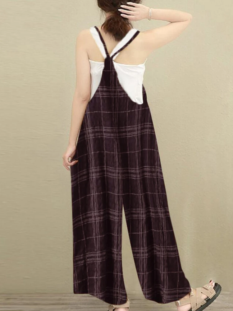 Women Plaid Retro Vacation Jumpsuits Dungarees Wide Leg Trousers Loose Long Pants Overalls Cotton Braces Casual Sleeveless Jumpsuits and Playsuits