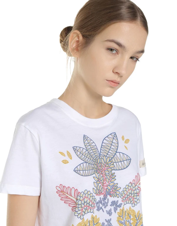Лето Новая мода o-образным вырезом с коротким рукавом красочная печать дерева Женская Повседневная отбеленный хлопок футболки