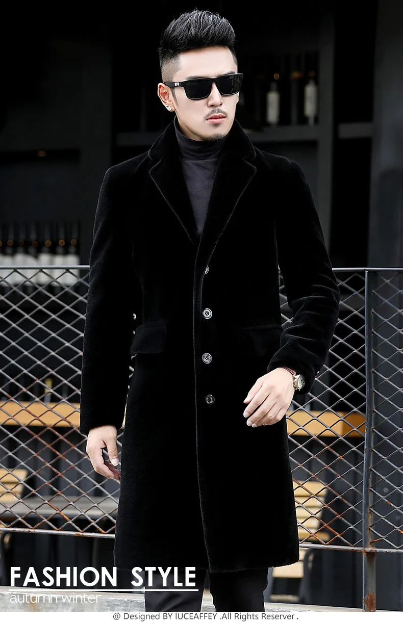 Натуральный мех пальто Для мужчин стрижки овец Шерстяное пальто зима Длинные одной кнопки Теплая парка Для мужчин черный пальто Верхняя одежда Топы LX2549