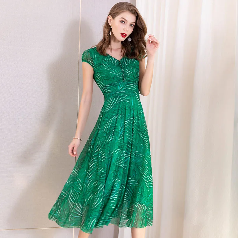 

Brand new 2019 summer runways beading diamonds V neck dress Fashion women's green dress A267