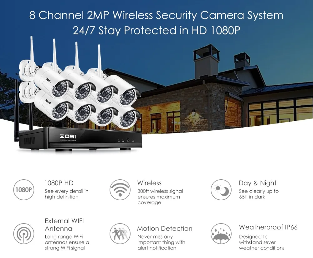 ZOSI 1080P Беспроводная система видеонаблюдения 2MP 8CH мощный NVR IP IR-CUT Bullet CCTV камера WiFi IP система безопасности комплекты видеонаблюдения