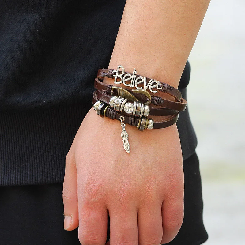 NIUYITID Handmade Feather Leaf Men's Bracelets For Men Multilayer Leather Accessories Male Braclet Friendship Jewelry  (14)