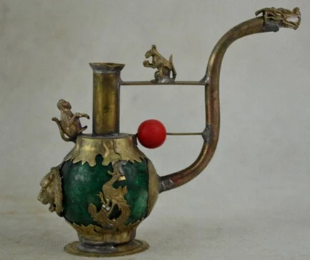 

Collectible Decorated Tibet Silver Work Green Jade Dragon Phoenix Smoking Pipe fast Shipping