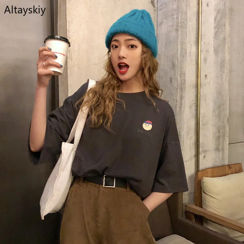 

T-shirts Women Short Sleeve O-Neck Printed Loose Simple All-match Korean Style Leisure T-shirt Womens Kawaii Chic Tees Lovely