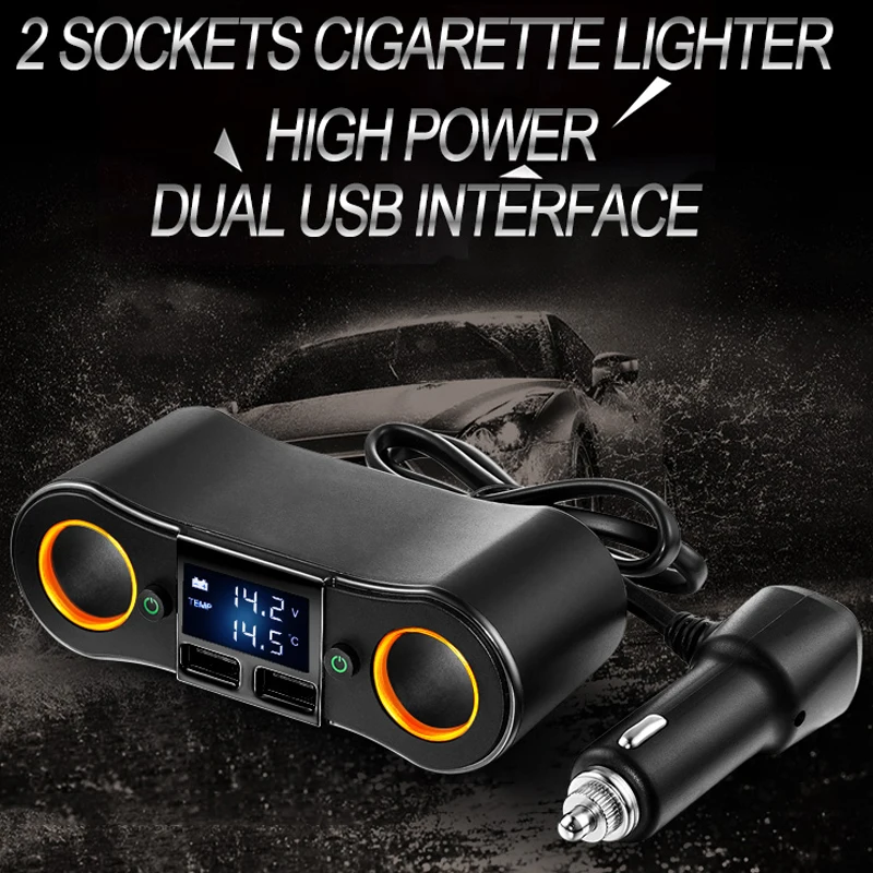 

A LED Display 2 Way Auto Sockets Car Cigarette Adapter Lighter Splitter 5V 3.1A Output Power 2 USB Car Charger 12V/24V