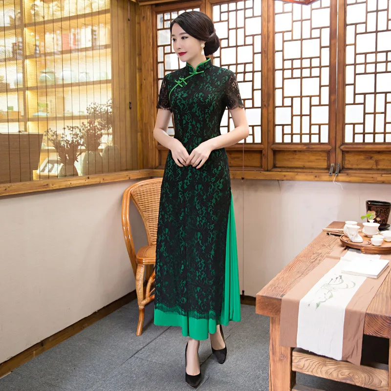 Осень Новый стиль тонкий кружевное платье cheongsam Китай Корея Япония Таиланд дамы Национальный Стиль кимоно воротник-стойка формальных Qipao