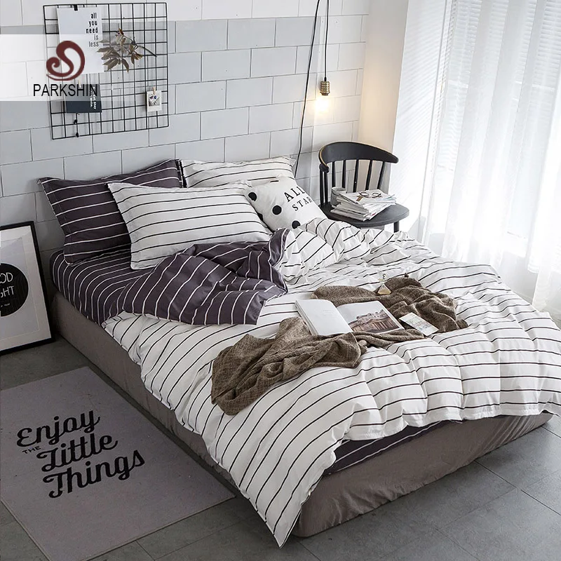 

Parkshin Bedding Set White Brown Stripes Comforter Duvet Cover Bedspread Double Bed Sheets Linens Queen King Adult Bedclothes