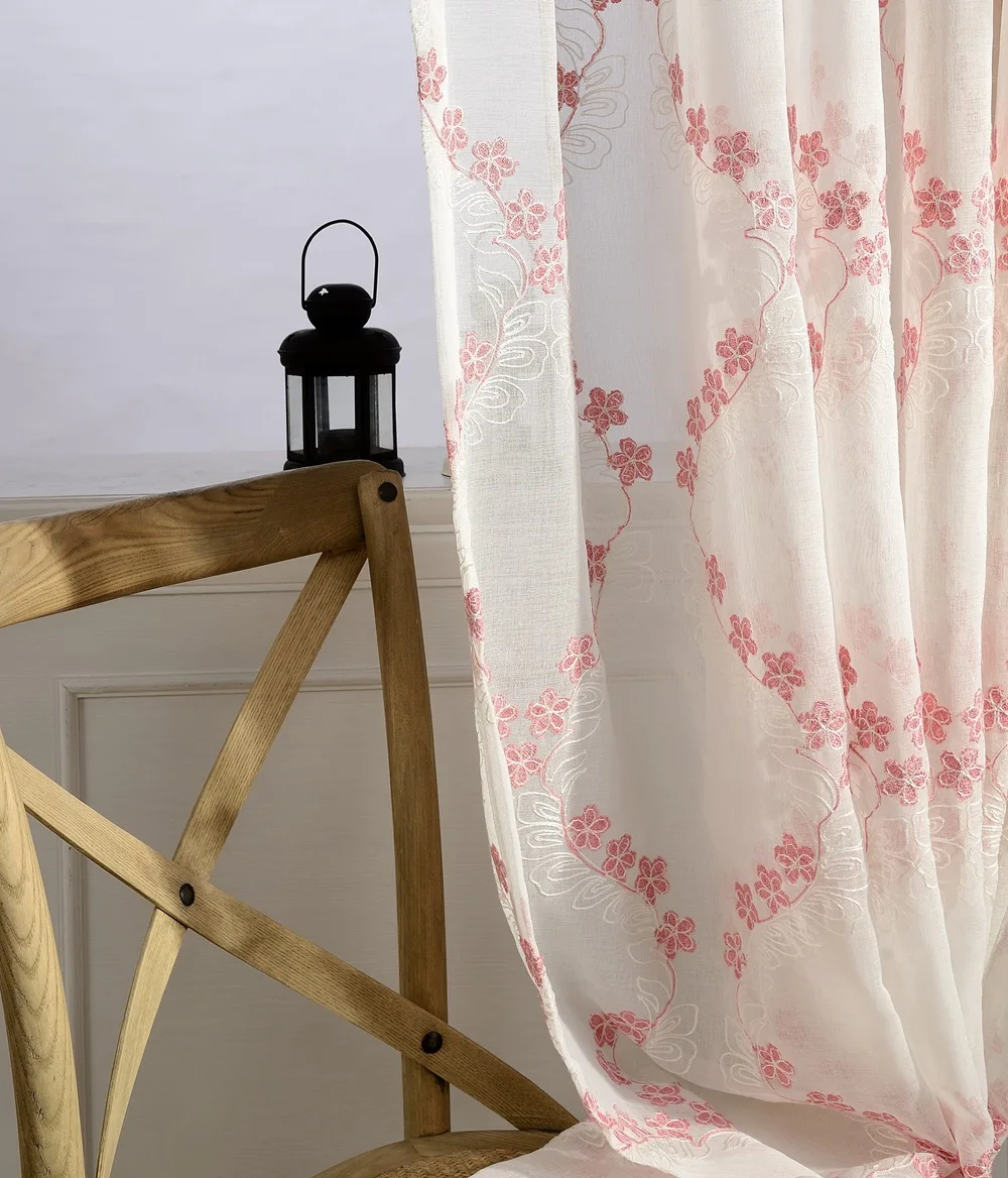 Cherry blossoms Embroidered Tulle Curtains Pastoral Pink Floral Screen Sheer Volie for Living Room Cortinas Para