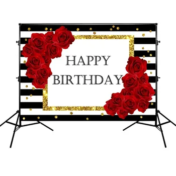 

Mehofoto Birthday Party Backdrop Photography White and Black Stripes Background Red Rose Backdrops For Photo Studio Vinyl Cloth
