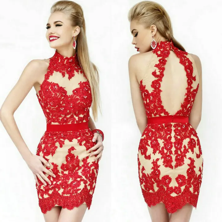 High Neck Red Lace Short Sexy Evening Gown Backless Cocktail Dresses