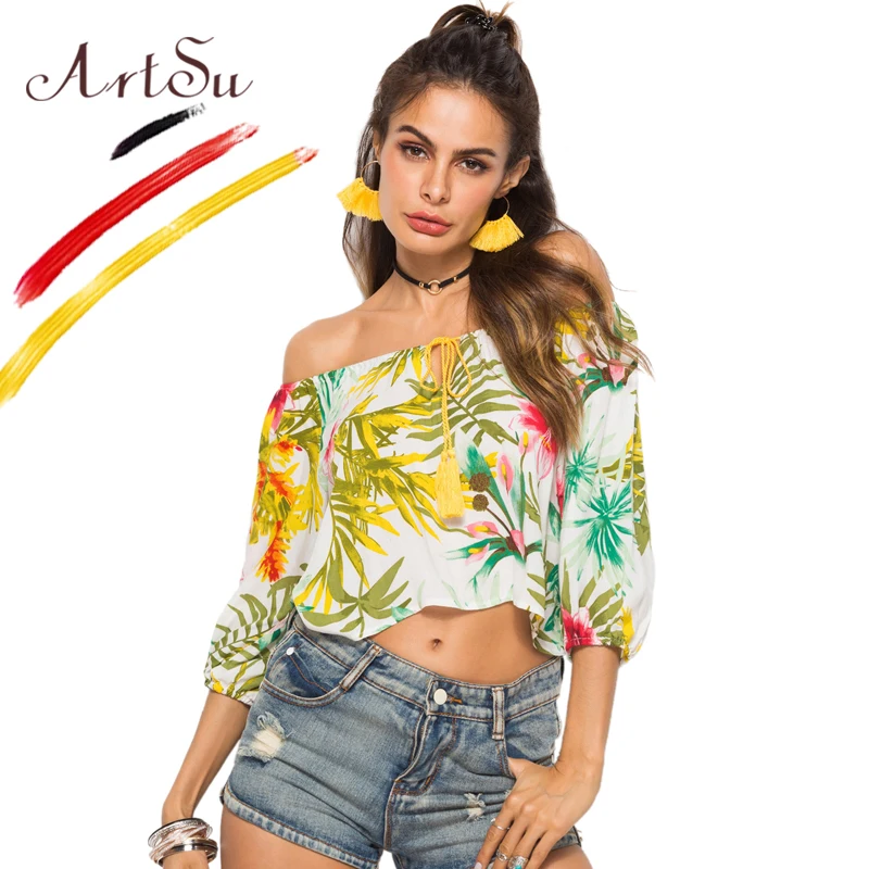 ArtSu Women Three Quarter Spring Summer Blouse 2019 Boho Sexy Off Shoulder Crop Top Casual Beach Floral Print Shirt Blusas Mujer |
