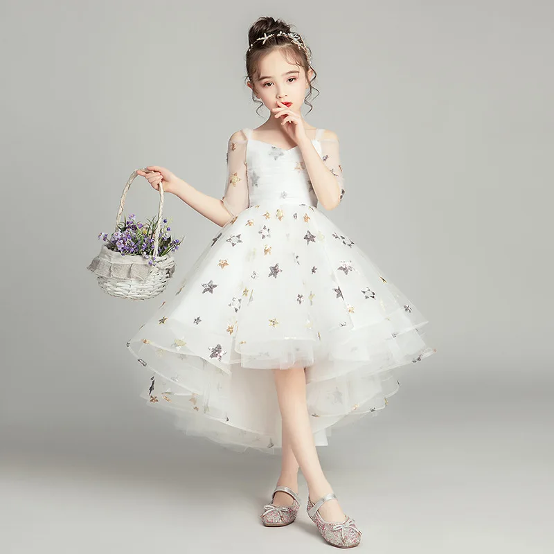 Романтичное белое платье с лепестками для свадебного банкета, с цветочным узором для девочек; вечерние платья с принтом со звездами для девочек - Цвет: white