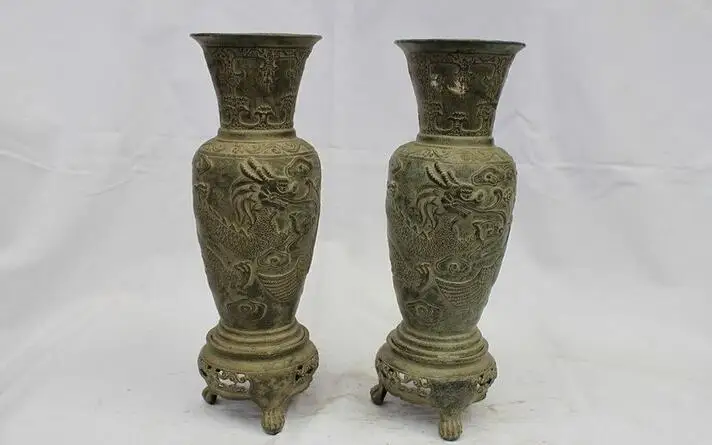 

China Dynasty Fengshui Dragon Phoenix Bottle Old Bronze Copper Vase Pot Pair