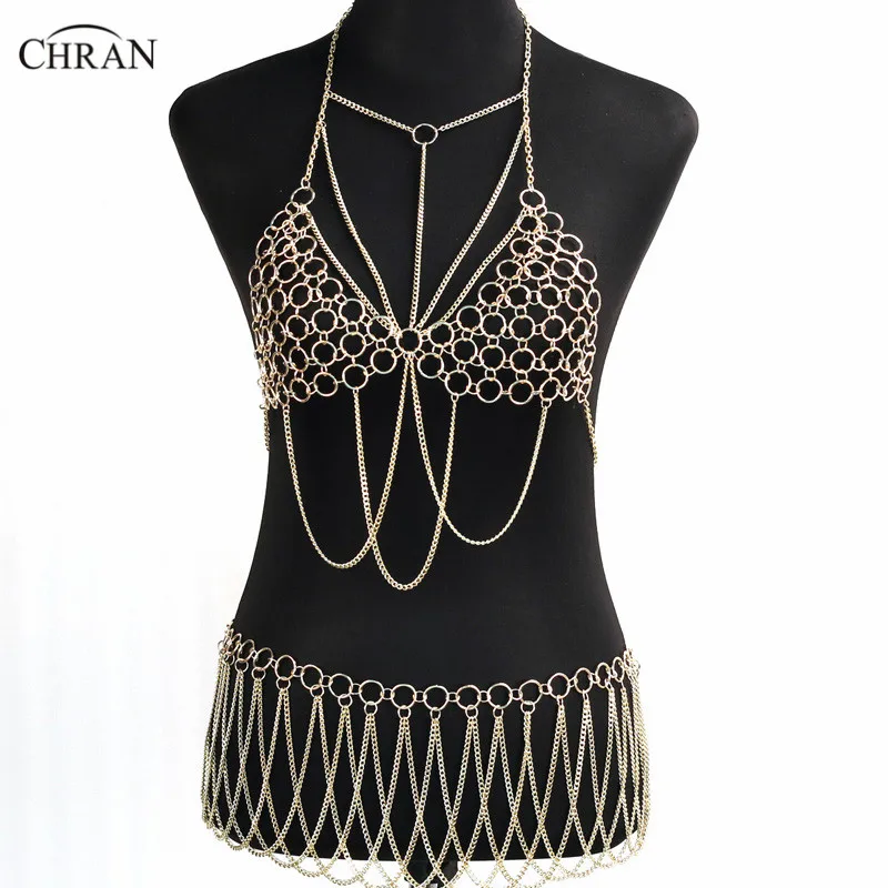 

Chran Gold Color Sexy Women Harness Full Beach Chain Belly Waist Fashion Costume Chain Bra Dress Bikini Wear Set Jewelry CRB4124