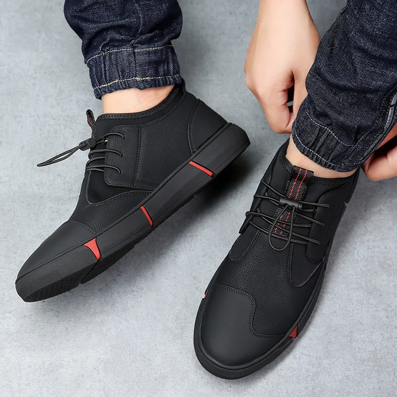 JINBEILEE High Quality All Black Men's Leather Casual Shoes Fashion Skateboard Sneakers Fashion Flats  Anti-Slippery  Thermal